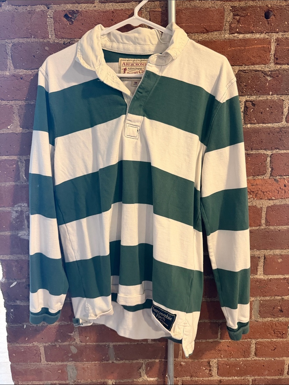 Abercrombie & Fitch Dark Green and White Striped Rugby Polo